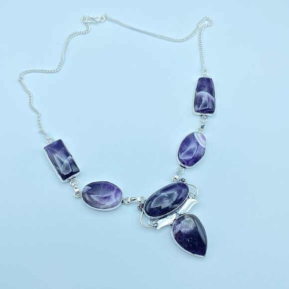 Banded Amethyst Silver Necklace Boho - Picture 1 of 4